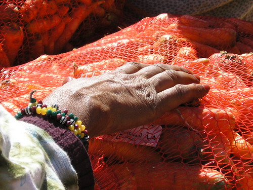 Reparto de alimentos frescos, detalle de una mujer saharaui